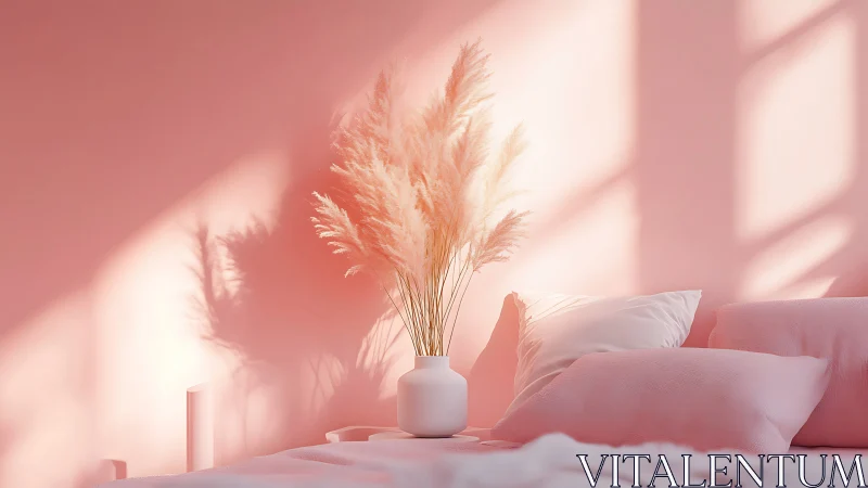 Soft monochrome bedroom still life with pampas composition.