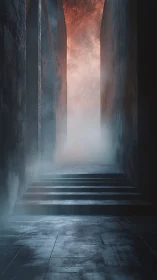 Stairway of Mist and Ember Between Brooding Monolith Walls.
