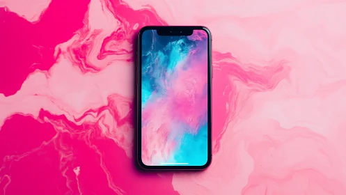 Smartphone with Gradient Wallpaper Against Liquid Pink Background