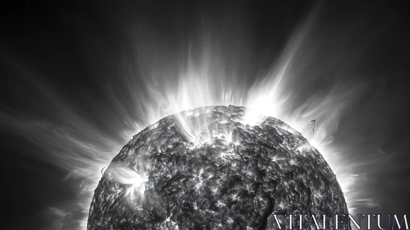 Solar fire in monochrome, a stormy star up close and alive.