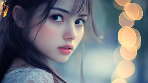 Soft-lit girl in profile beside golden bokeh orbs at dusk.