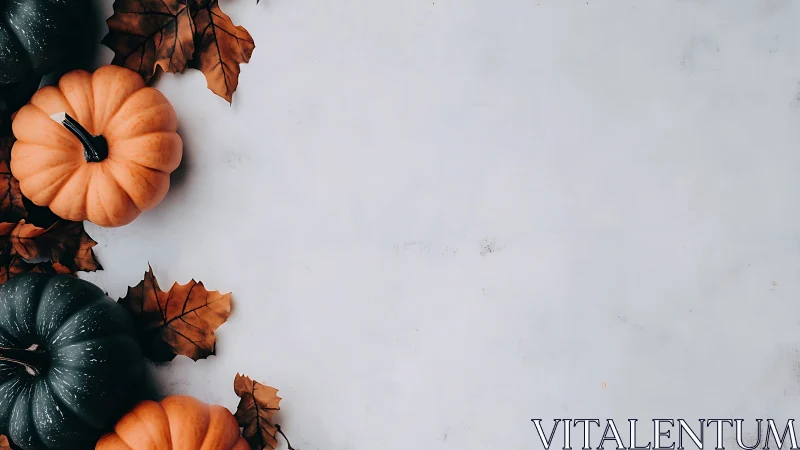 Photographic autumn flatlay with pumpkins and negative space.