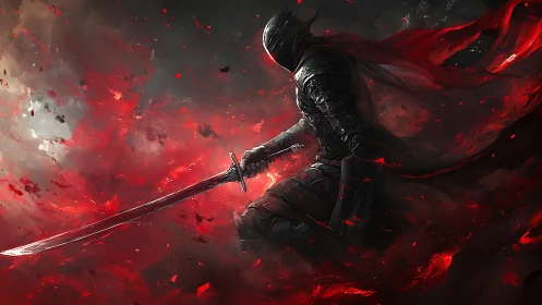 Scarlet warrior strides through swirling embers of battle.
