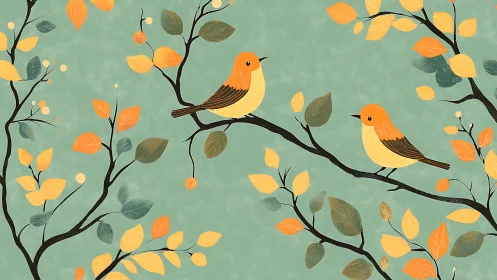 Two songbirds perched on autumn branches with golden and sage foliage.