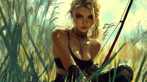 Female archer crouches in tall grass with bow drawn ready