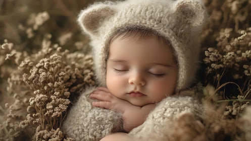 Sleeping infant in cream knit bonnet surrounded by dried baby's breath.