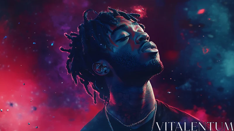 Neon lit portrait drifts in a cosmic, dreamlike atmosphere.