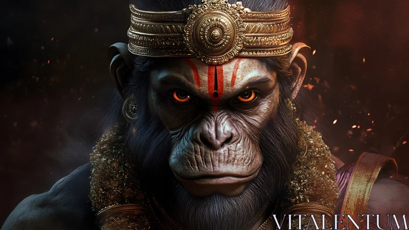 Simian warrior deity rendered in high-fidelity digital chiaroscuro.