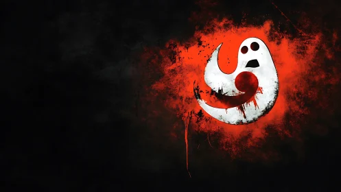 Ghost-like white symbol on red splatter over dark background.