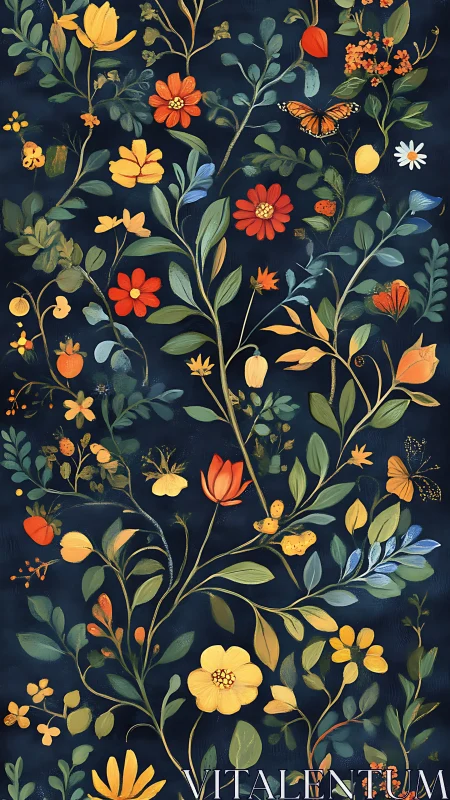 Botanical Garden Dance: Wildflowers & Vines Swirl Through Indigo.