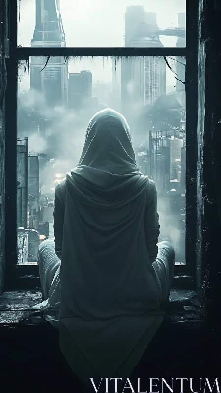 Hooded figure overlooks fog-drenched dystopian megacity skyline