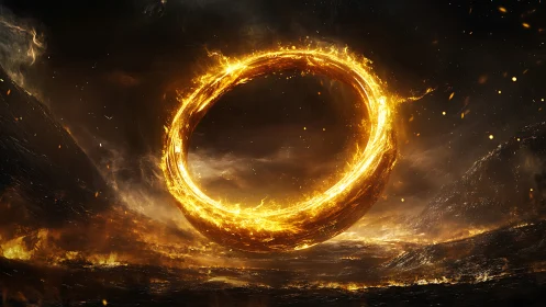 Blazing Fire Ring Portal in Cosmic Darkness.