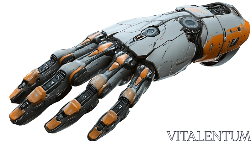 Futuristic robotic arm with segmented orange armor plating.