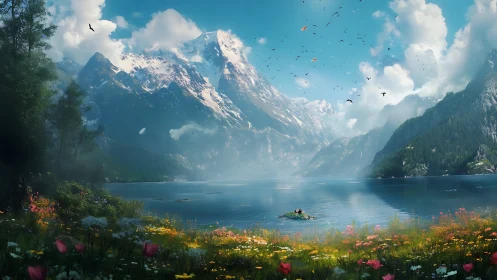 Snowcapped mountain lake amid wildflower valley panorama.