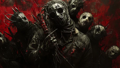 Hooded skeletal figures emerge from a twisted crimson void.