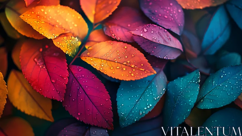 Rain-kissed rainbow leaves glowing in dreamlike color storm.