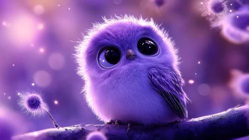 Adorable Fluffy Purple Owl on Branch in Dreamy Fantasy Style.