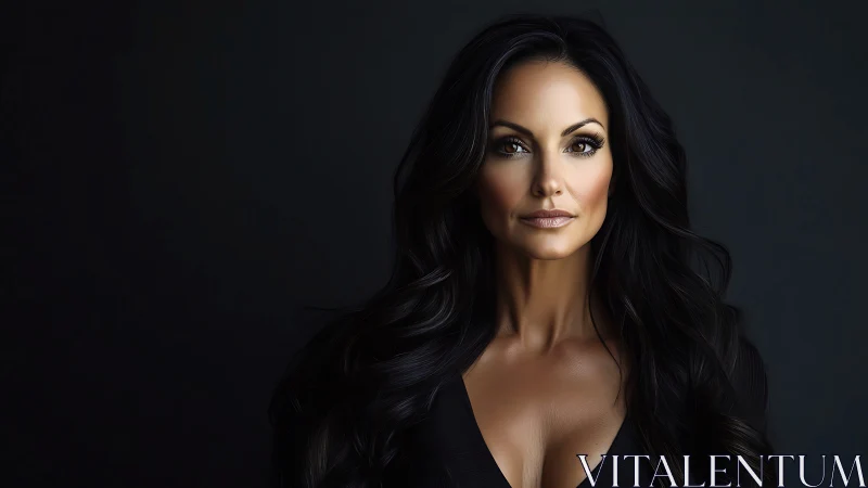 Confident woman with long dark hair in dramatic studio portrait.