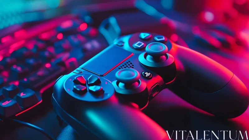 Game controller on desk under blue and pink lighting.