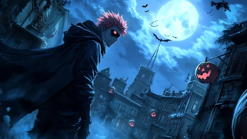 Hooded figure in moonlit alley with jack o lanterns suspended.