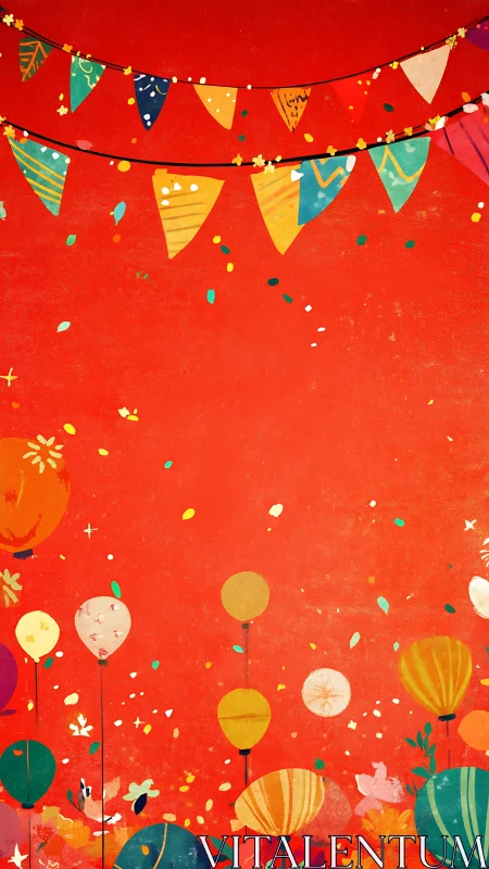 Festive Celebration Scene with Bunting and Balloons on Red.
