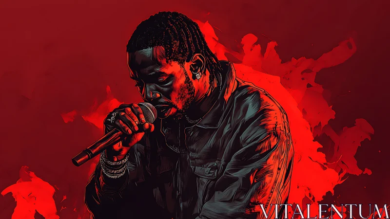 Rapper holds microphone on stage against red abstract backdrop