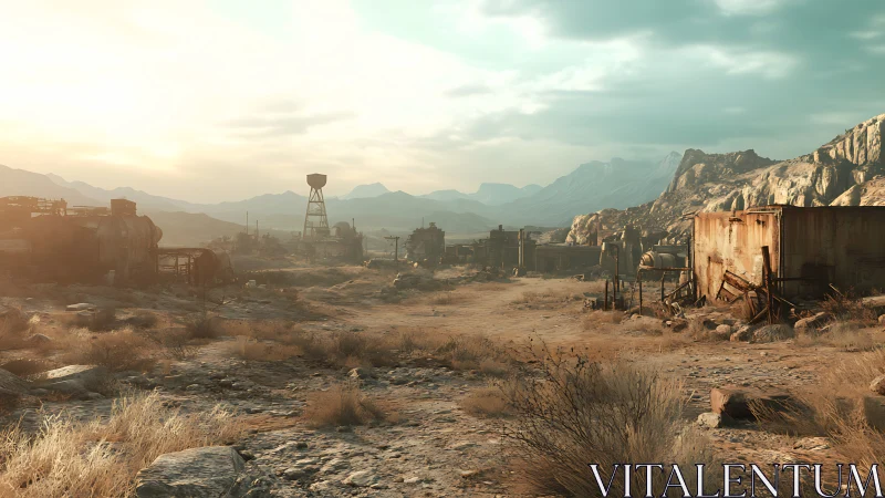 Desert industrial ruins under cloudy sky with distant mountains.