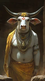 Sacred white bull deity draped in gold silk and jewelry.