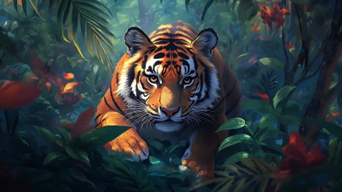 Tiger stalking forward through dense, colorful jungle foliage.