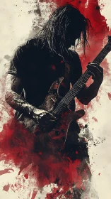 Silhouetted rock guitarist erupts from red abstract splashes.