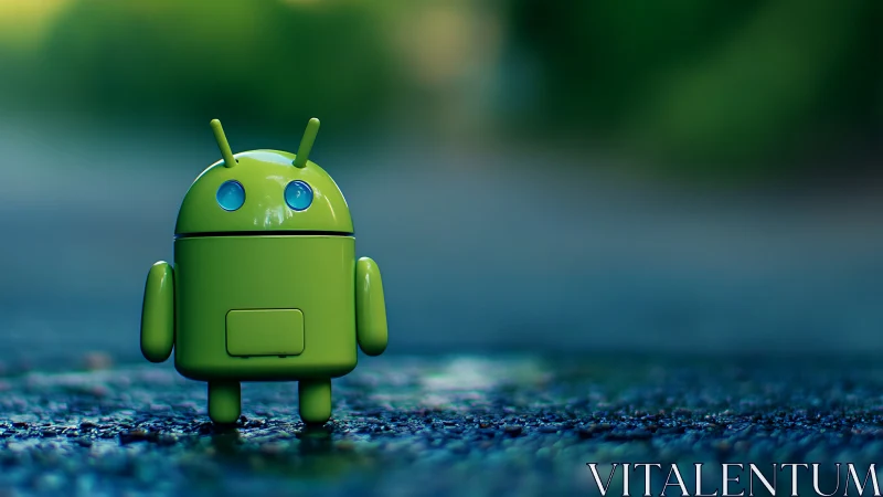 Glossy green android figurine stands on wet asphalt with shallow DOF