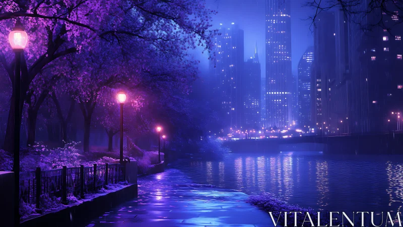 Riverside city park at night with purple and blue lighting.