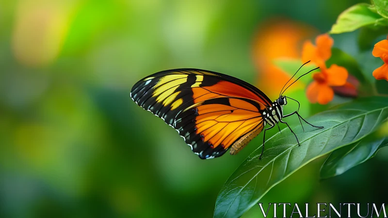Butterfly with orange wings resting on green leaf in garden.