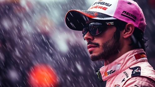Rain-soaked racing driver stands focused in vibrant pink gear