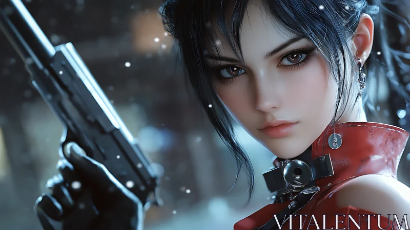 Gunmetal-eyed night assassin framed in quiet snowfall.