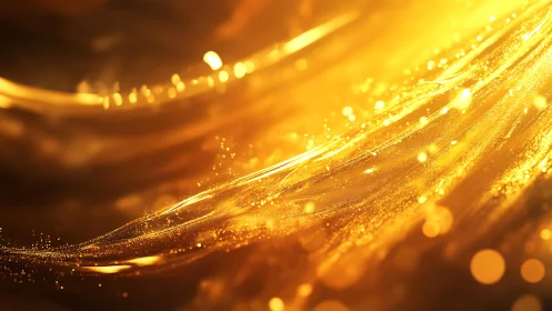 Abstract flowing golden light waves with sparkling particles.