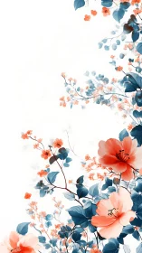 Floral composition with coral and teal botanical elements