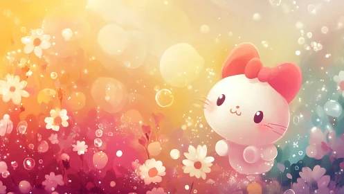 Soft pastel kitten floats happily in a dreamy flower garden
