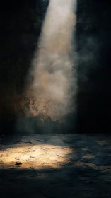 Single light beam hitting cracked concrete floor in gloom.