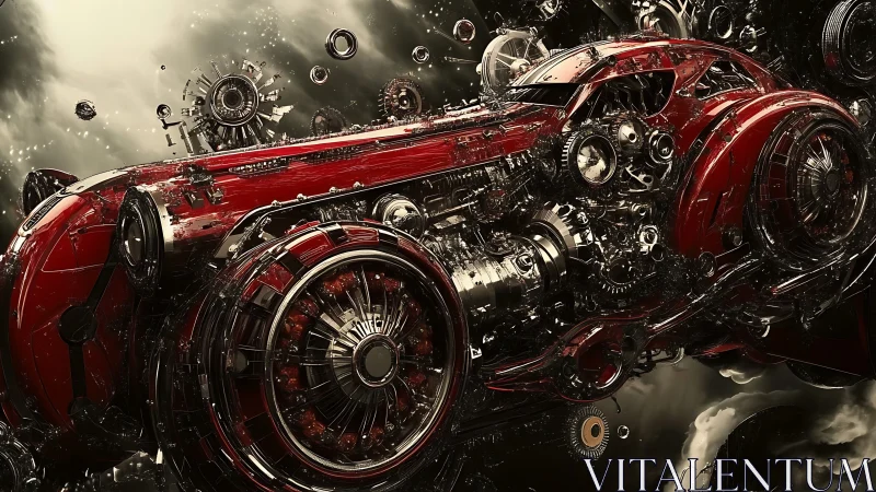 Red futuristic car packed with exposed mechanical gears and pipes.