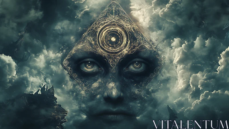 Geometric face with celestial motifs in turbulent clouds.