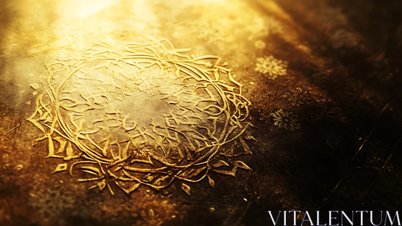 Golden embossed mandala under warm dramatic light.