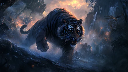 Predatory tiger strides through embers in cinematic jungle lighting