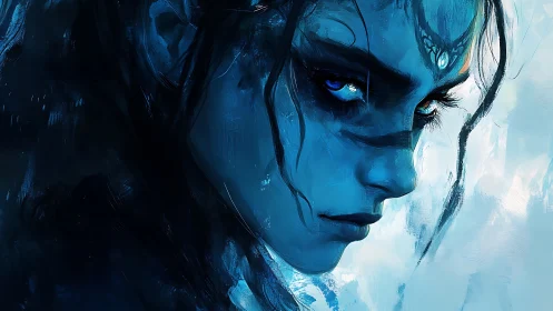Mystic blue warrior portrait in expressive digital brushwork.
