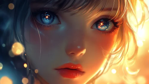 Close-up portrait shows stylized girl with luminous eyes