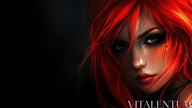 Fiery red haired heroine gazing out with luminous eyes.