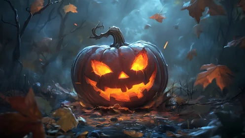 Glowing jack-o-lantern smiles warmly in a misty autumn forest