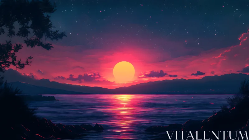 Digital seascape with stylized sunset over distant mountains.