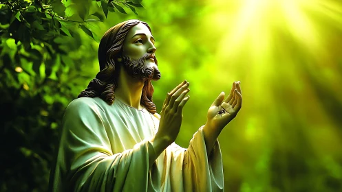 Backlit Christ statue in verdant forest with radiant sunlight