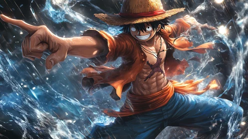 Energetic straw-hatted hero leaps through swirling water.